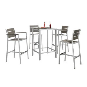 Plastic wood top  patio  bar table chairs modern aluminum outdoor bar furniture set