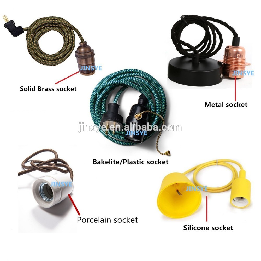 Porcelain/Brass/Plastic/Bakelite socket &amp;Silicone/Metal Covered Pendant light cord set