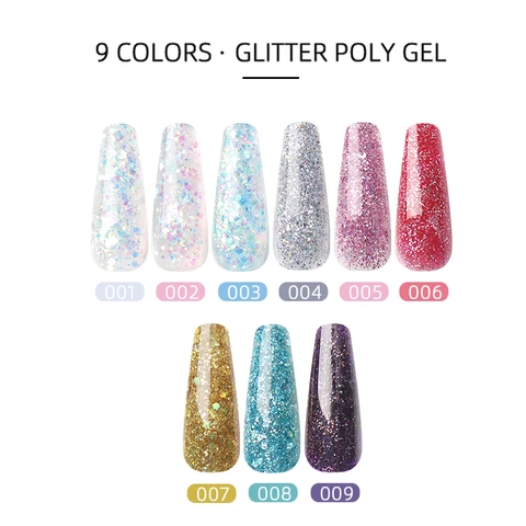 Private Label Nail Extension 15ml 9 Colors Glitter Poly Nail Gel Professional Oem Acryl Poly Gel
