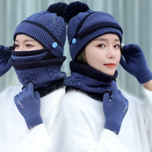 Q512 Custom High Quality Infinity Scarf Hat Glove Set Fleece Lined Scarves Pom Beanie Hats Touch Screen Gloves Winter Hats