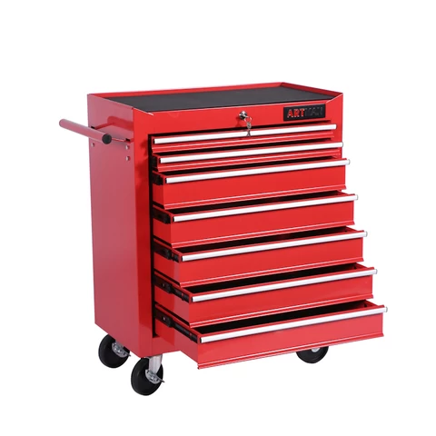 Red Tool cabinet with 7 drawers and stainless steel workshop roller  tool trolley with tools