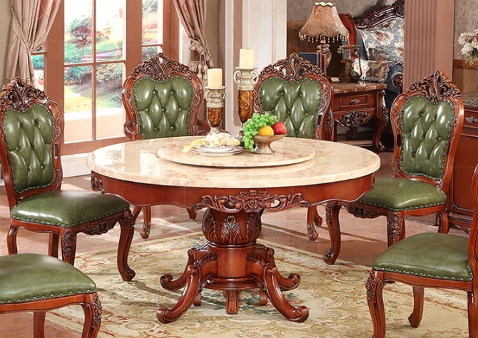 Retro marble surface round dining table, European double-layer dining table and chair, all solid wood carved round dining table