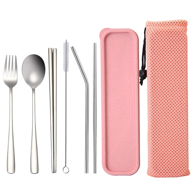 Reusable stainless Steel Metal Straw Portable Travel Cutlery Set with Case