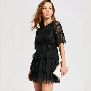 Round Collar Mini Party Evening Dresses Straight One Piece Layered Black Tulle Cocktail Dress