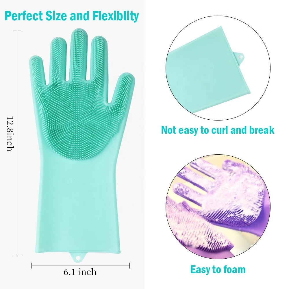 S04-0064 100% Food Grade Kitchen Magic Silicone Dishwashing Gloves with Scrubber Heat Resistant Silicone Gloves