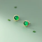 S925 Women Traditional Silver Earrings Summer Geometric Round Green Onyx Gemstone Earring
