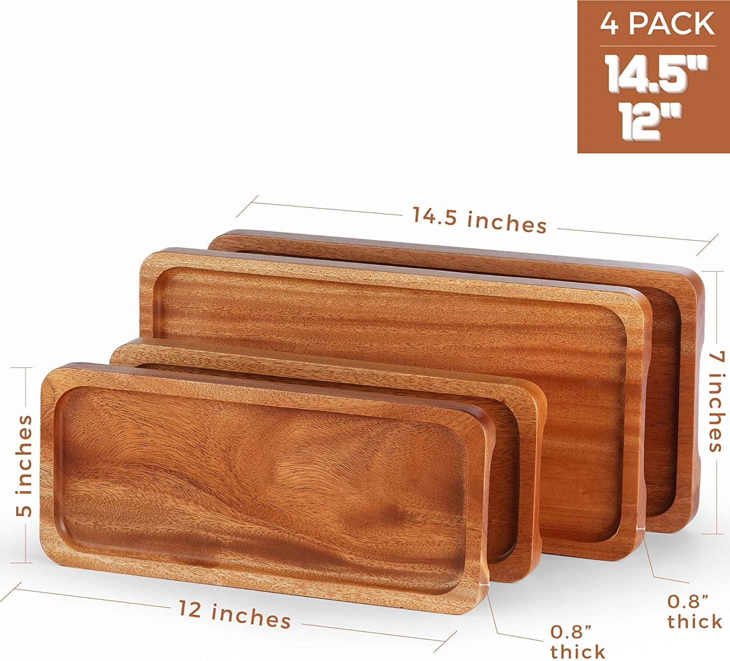 Serving Tray Platter Natural Wood (Set of 4) For Food Holder BBQ Party Buffet Avoid Sliding Spilling Food Easy Carry Grooved