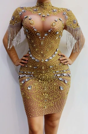 Lady Strap Mini Dress Bling Rhinestone See Through Mesh Dress Bodycon  Glitter