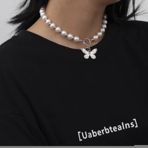 SHIXIN Bohemia Handmade Micro Freshwater Simulated Pearl Necklace Bead Pearl Choker Necklace Stainless steel Butterfly Necklace