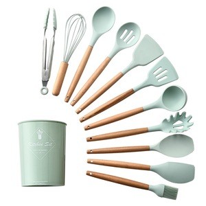 Silicone Cooking Kitchen  Utensils Set Kitchen Non-Stick  Utensils Tools with Bamboo Handle