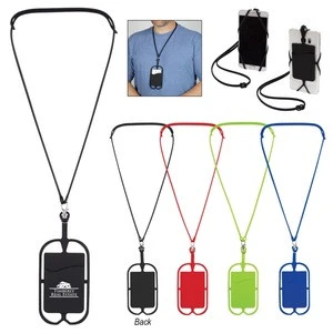 Silicone Lanyard With Phone Holder &amp; Wallet - 14&quot; lanyard with 7&quot; holder, fits most smartphones and comes with your logo