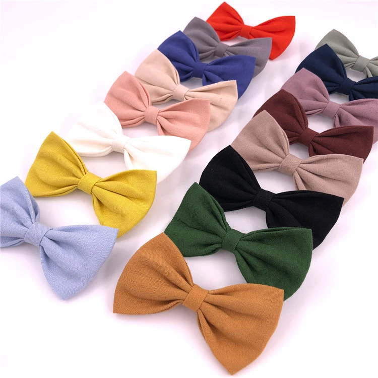 Simple Cotton Linen Hair bow clips barrettes 3 inches Classical bow hair Accessories for Toddler Baby Girls Kids
