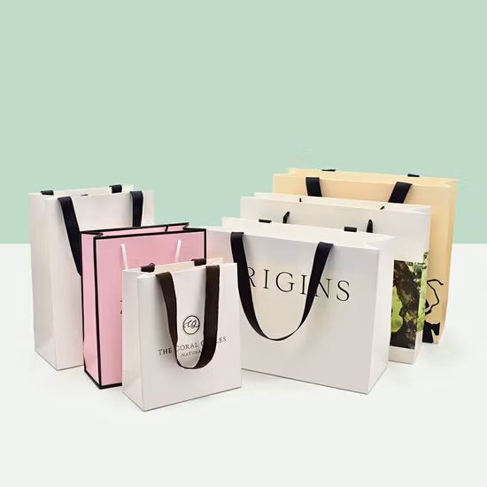 Eco-Friendly Luxury Pink &amp; White Handmade Cardboard Gift Bags Ribbon Handles Custom Printed Logo for Fashion Shopping Paper Bags