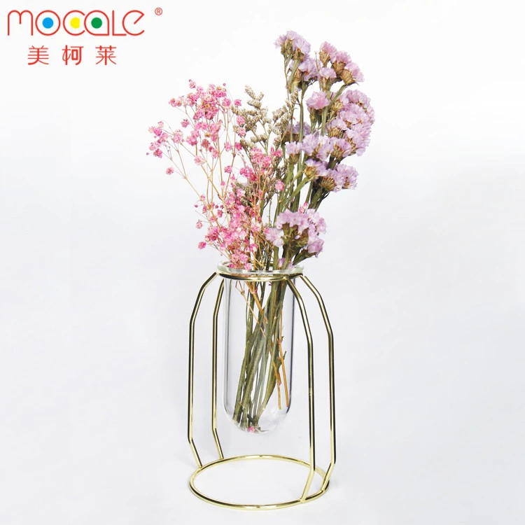 Table Decorative Rose Gold Glass Metal Vase With Glass Vials For Fresh Flower Choose Quality