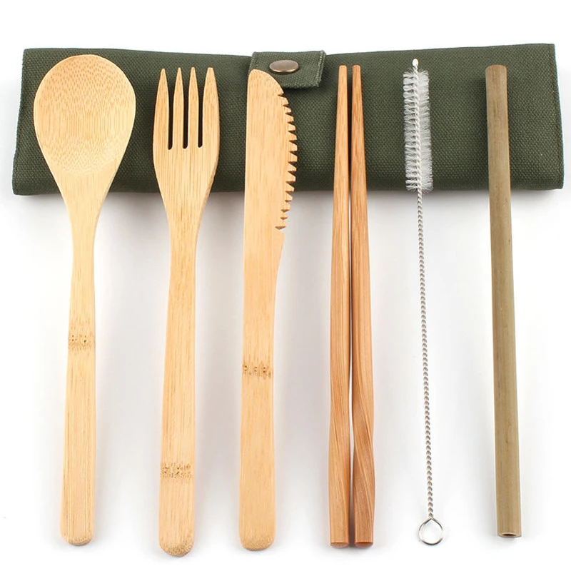 Travel Bamboo Flatware Portable Tableware Fork Spoon Knife Chopsticks And Straw Cutlery Set For Picnic Reusable Utensils Set