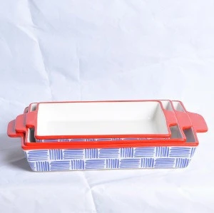 white rectangular ceramic bakeware sets with handles hand painted blue stripe