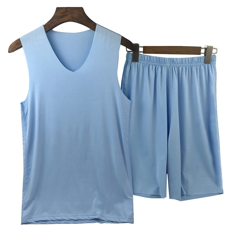Wholesale 100% Modal Male Pajamas Sets Vest Sleepwear Sleeveless Tops + Shorts Blank Plain Mens Pajamas Set