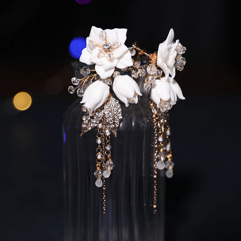 Wholesale Ceramics Flower Wedding Gold Leaf Crystal Headpiece  Bridal Accessories Hair Jewelry Handmade Women Crown Tiaras