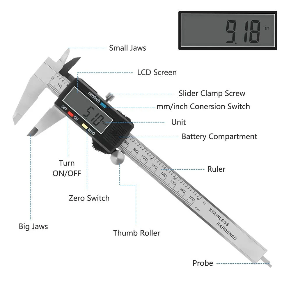 Wholesale Digital Vernier Caliper Measuring Tool Stainless Steel Vernier 6 Inch 150mm with LCD Screen Inch/Millimeter Conversion