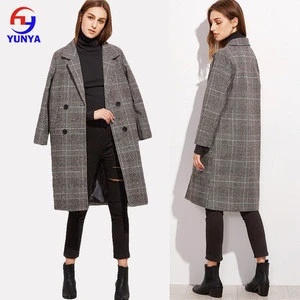 Wholesale Ladies Elegant Grey Plaid Long Wool Winter Coats