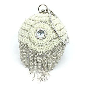 Wholesale round shaped pearl gold crystal tassel bag ball clutch evening party wedding bags ladies bridal handbag pearl crystal