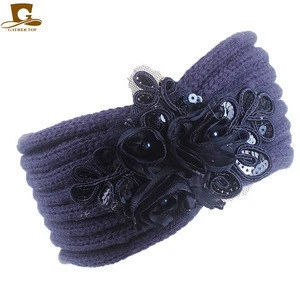 Womens sequined flower Knitted knit Headband crochet hairband warmer HeadwrapTD-190