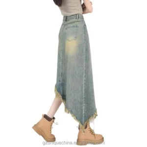 womens skinny denim skirts with frill effect