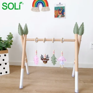 Wooden Play Gym for Baby Infant Activity Set Natural Wooden Montessori Mobile Toys with Foldable handmade Teething Toys