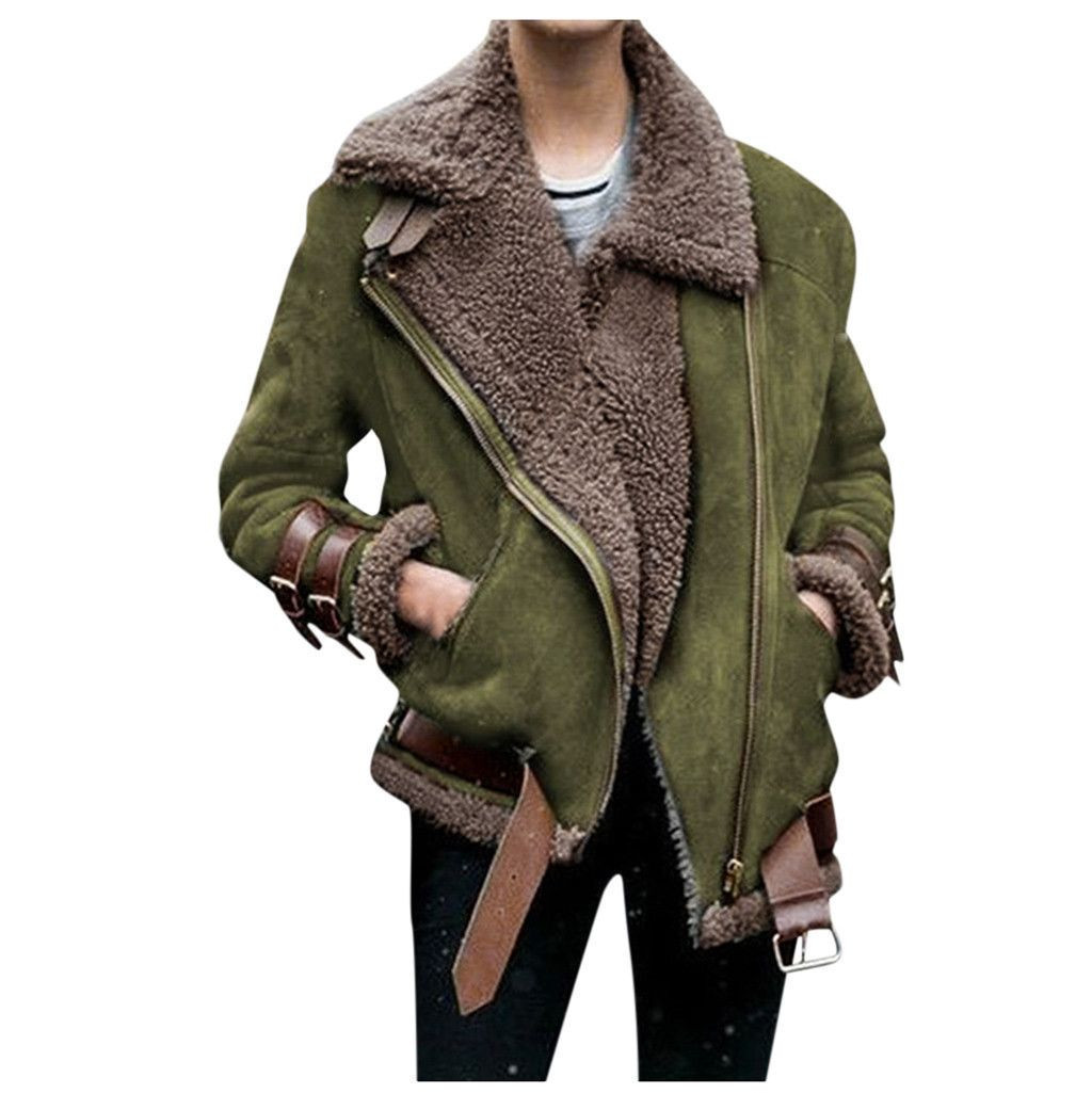 LISTHA Faux Fur Fleece Zip Jacket Plus Size Women Lapel Biker Motor Aviator Coat