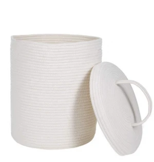 Large Cotton Rope Woven Baskets for Nursery Laundry White Round Hamper with Lid Handles