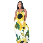 0420m101 lady hot sunflower print boho beach wear spaghetti strap  clothes elegant summer women long maxi loose casual dress