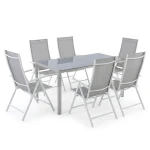 Modern 7-Piece Patio Dining Set - 6 Folding High-Back Mesh Chairs & Glass Dining Table for Garden, Deck, and Poolside