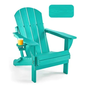HDPE Folding Adirondack Chair Wood Texture Fire Pit Chair Patio Chair Weather Resistant with 2 Cup Holder