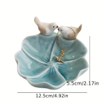 Chinese Ceramic Jewelry Tray with 2 Love Birds, Green Petal Shaped Decorative Dish for Dessert Nut Ring Earring Storage