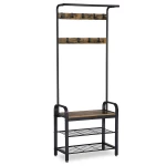 VASAGLE Coat Rack Stand, Free Standing Hall Tree, Coat Stand with Removable Hooks, Bench and Shoe Rack