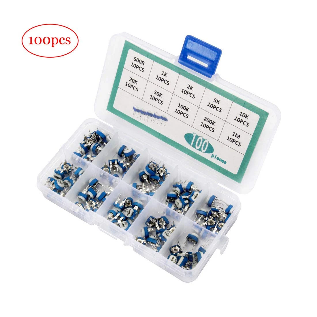 100Pcs 10 Values RM065 Preset Trim pot Trimmer Potentiometer with Variable Resistor Assorted Plastic Kit Box