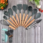 12 peices Silicone kitchen utensil set with soft touch silicone wooden handles cooking tool set Kitchen accessories
