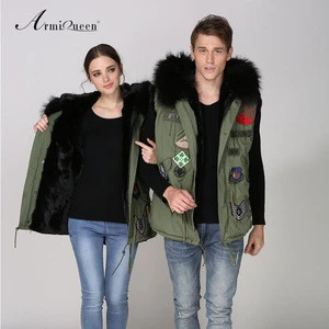 2017 winter trending products family matching clothes patch designs military waistcoat, mens womens raccoon collar clothing