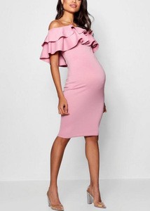2019 Maternity Ruffle Off The Shoulder Midi Dress  transitional dressing with serious layer ability maternity dresses