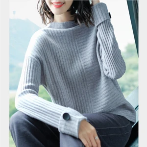 2019 most popular slash neck pullover casual knitted grey stripe girls sweater