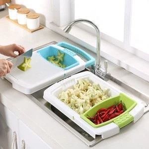 2020 Kitchen New Design Creative Multifunction Chopping Board Water Drain Storage Basket Plastic Cutting Board With Strainer