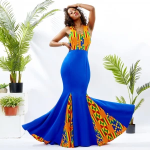 2021 Good Quality Elegant Patchwork Design Women Long Maxi Sleeveless African Printing Plus Size Dress
