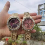 2021 New Hip Hop Jewelry Watch Iced Out Rhinestones  Quartz Watches Pink&Purple Dial Roman Numerals Watches Clock Relogio