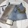 2024 Autumn Winter Women skirt New Style Fashion Chain Rabbit Hair Decoration Patchwork Casual Denim Short Skirt