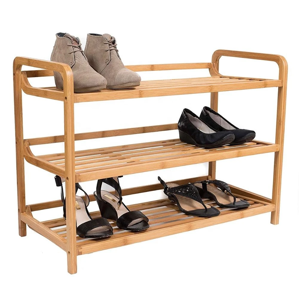 3 Tier Free Standing Shoe Rack with Handles - Bamboo - Wood - Closets and Entryway - Organizer - Fits 9 Pairs of Shoes