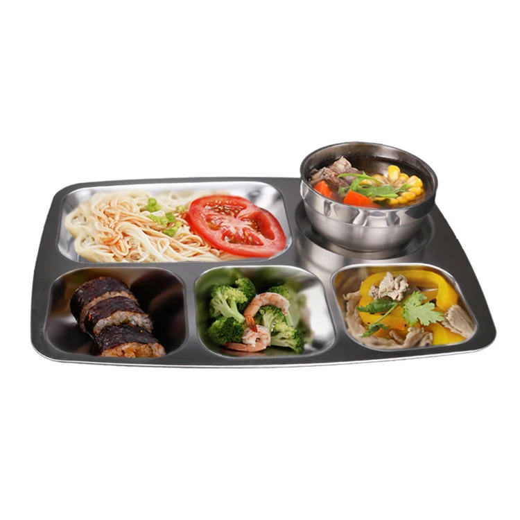 304 Stainless Steel Divided Dinner Tray Food Container 5 Sections School Canteen Plate Serving Tray New