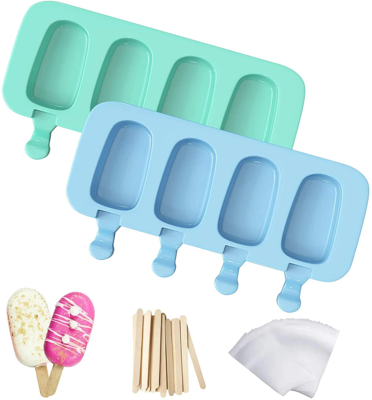 4 Cavities Silicone Ice Cube Molds Popsicle Mold with 50 Wooden Sticks  and 50 Popsicle Bags