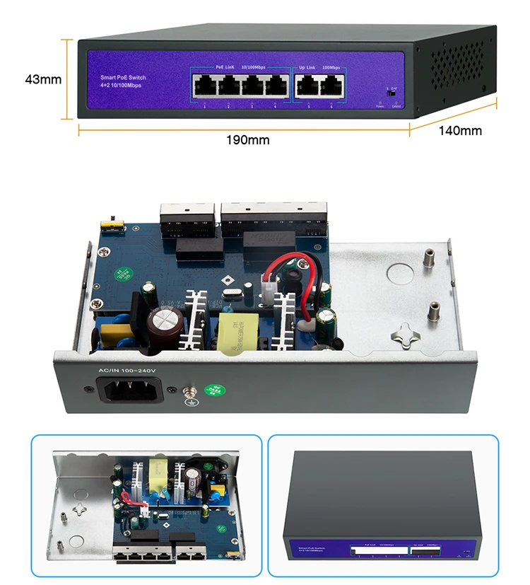 4CH 8CH 52V Network POE Switch With 10/100Mbps IEEE 802.3 af/at Over Ethernet IP Camera System