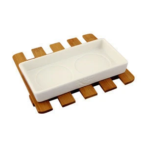 5.6" inch beige color rectangle stoneware bathroom accessories ceramic soap dishes with bamboo base holder tray bath soap dish