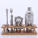 Amazon hot selling 9 piece stainless steel bar set, bar accessories , bar tools set with woodon stand
